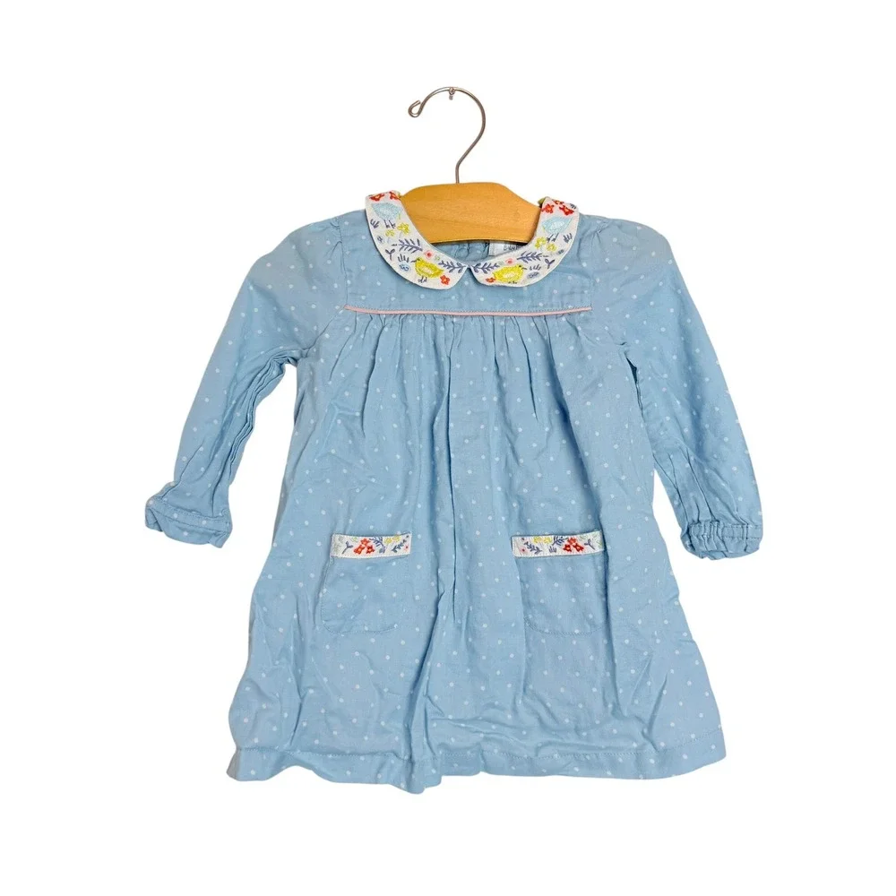Baby Boden Blue Polka Dot Embroidered Bird Peter Pan Collar Dress Cotton Kids